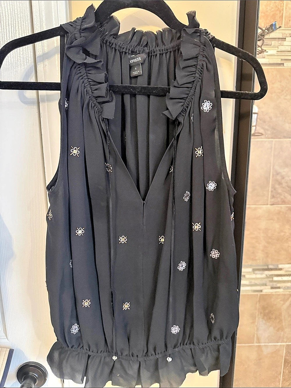 Express Embellished Ruffle Blouse in Black Size Small